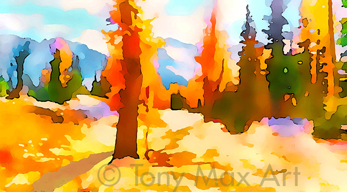 "Larches in Fall – Horizontal" – British Columbia paintings by artist Tony Max